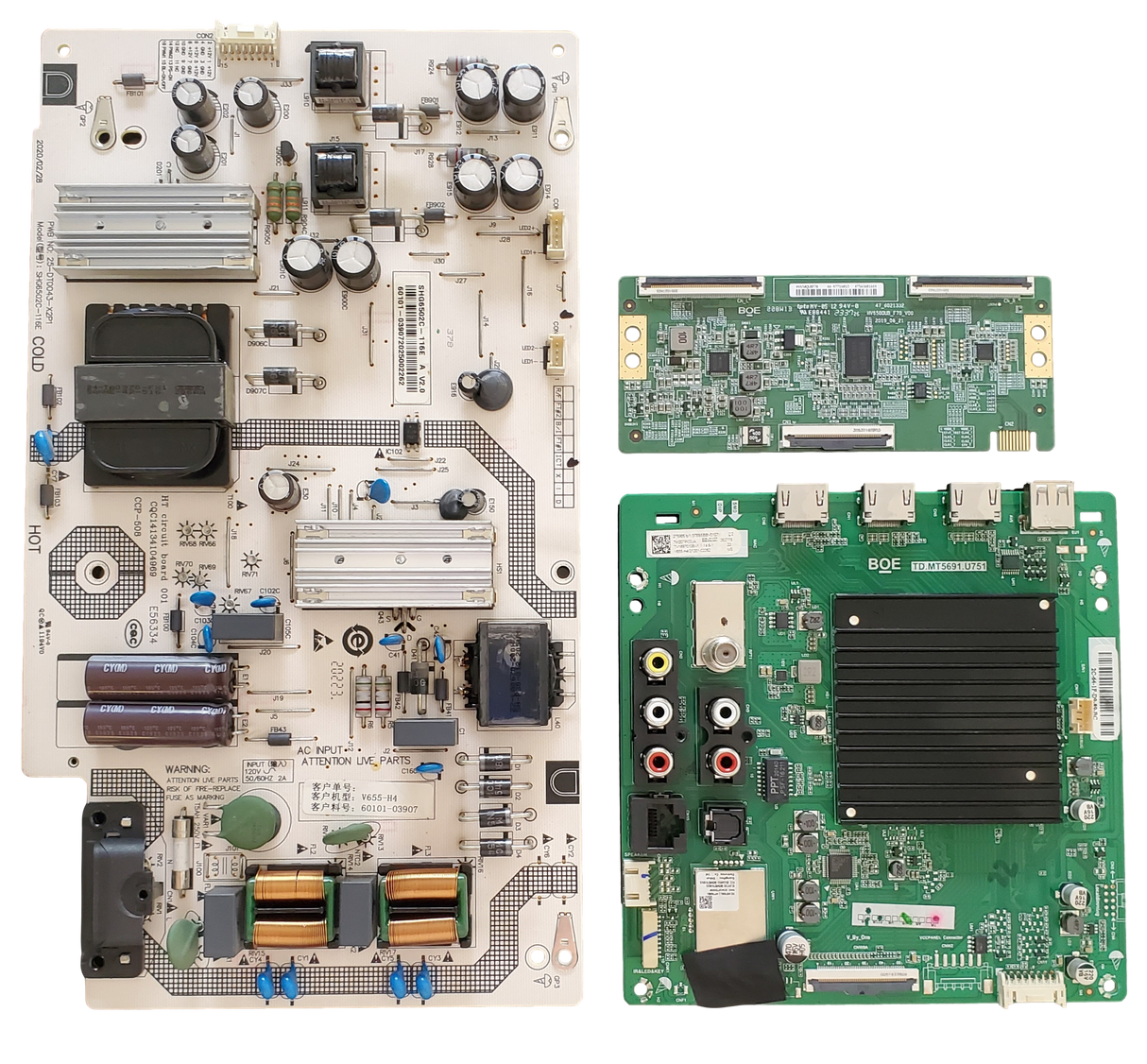 V655-H4 Vizio TV Repair Parts Kit, 60103-00629 Main Board, 60101-03907 Power Supply, HV650QUBF70 T-Con, V655-H4
