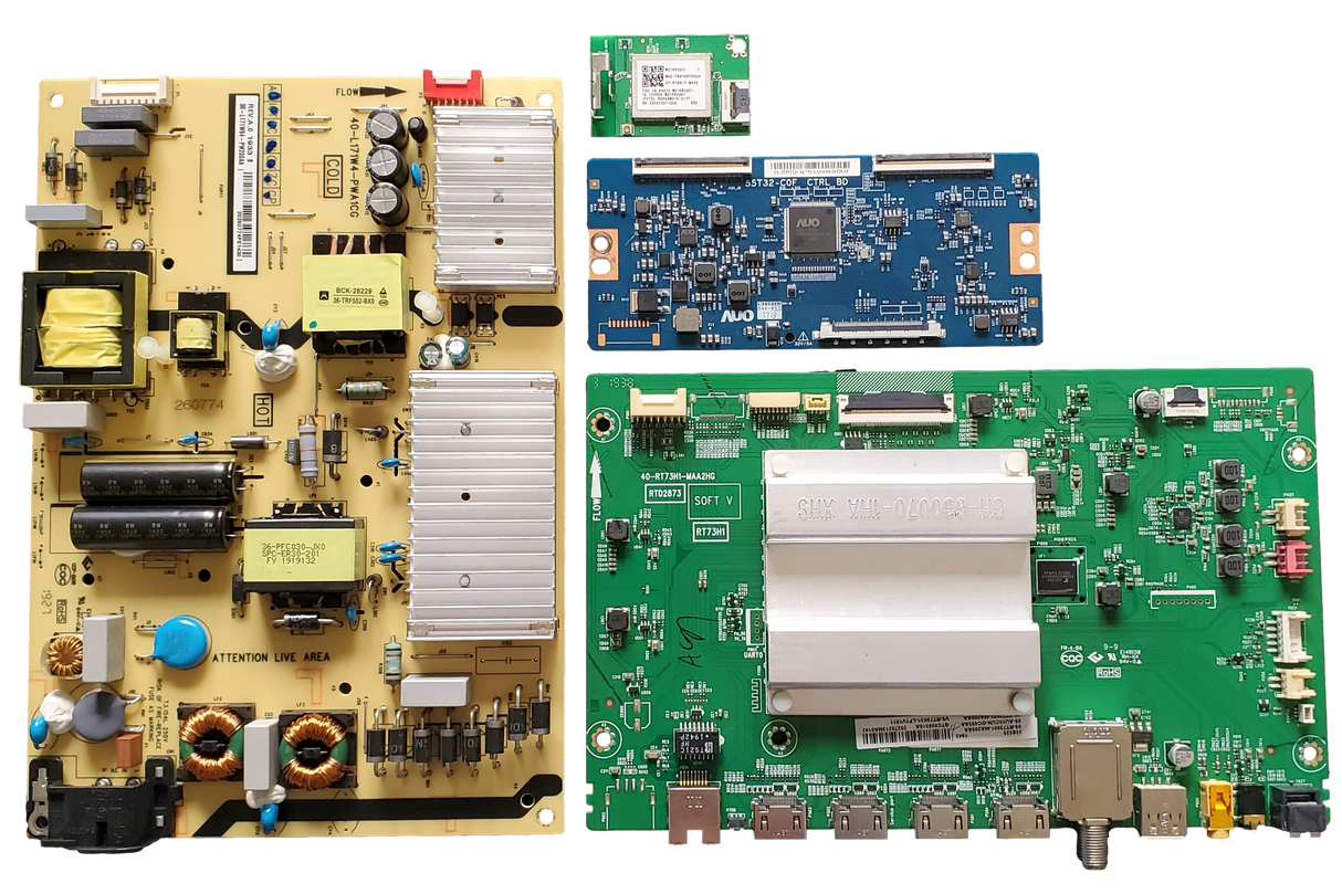 55S525 TCL TV Repair Parts Kit, 08-AU55CUN-OC403AA Main Board, 08-L171W94-PW200AA Power Supply, 55.55T32.C16 T-Con, 07-RT8812-MA4G Wifi, 55S525