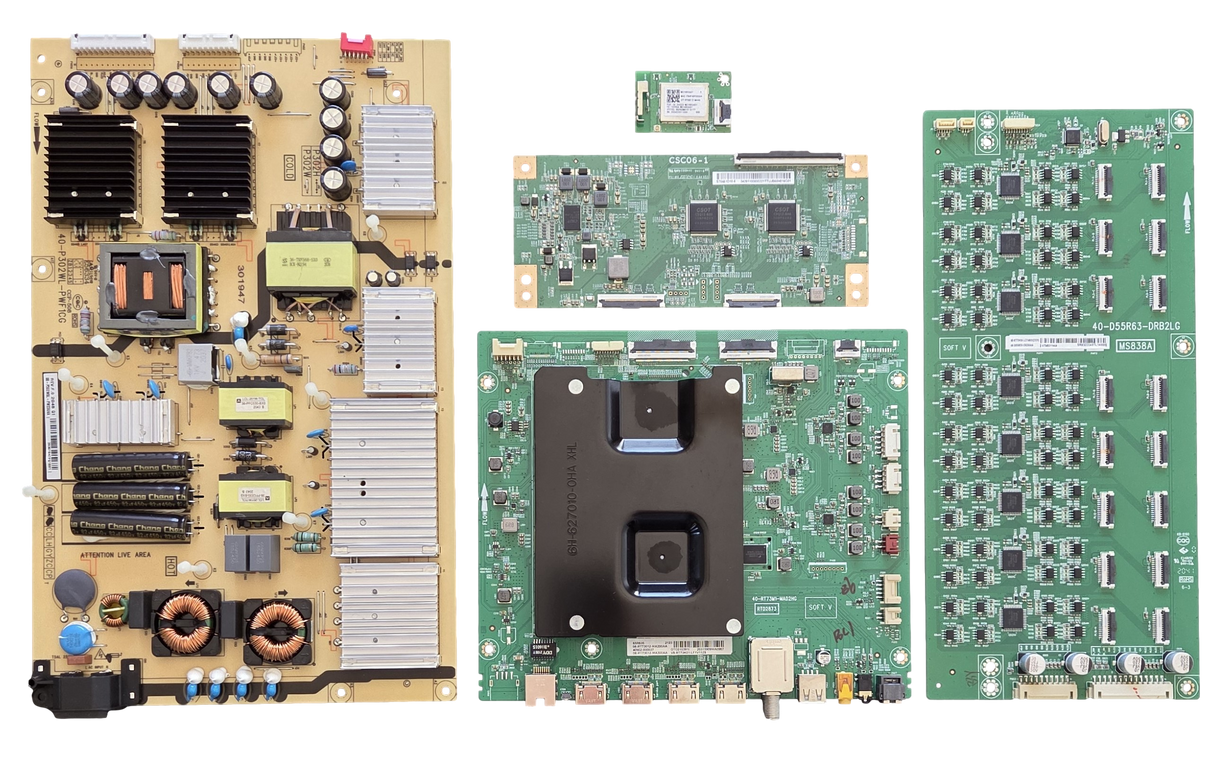 55R635 TCL TV Repair Parts Kit, 08-RT73012-MA200AA Main Board, 08-P302W0L-PW230AA Power Supply, ST5461D10-5 T-Con, 08-D55R630-DR200AA LED Driver, 07-RT8812-MA4G Wifi, 55R635