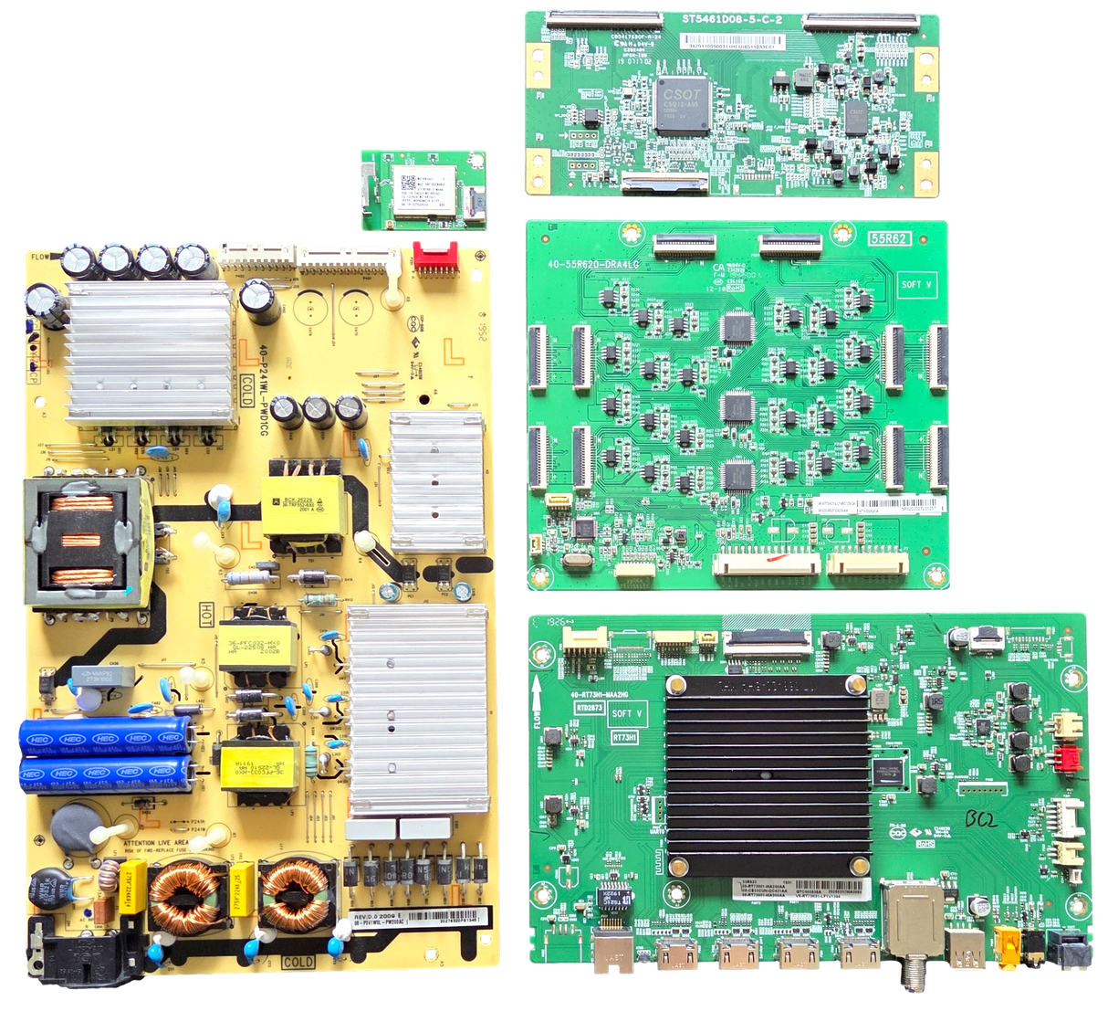 55R625 TCL TV Repair Parts Kit, 08-CS55CUN-OC421AA main board, 08-P24W0L-PW200AC Power Supply, 08-D55R620-DR200AA LED Driver, ST5461D08-5-C-2 T-Con, 07-RT8812-MA4G Wifi, 55R625