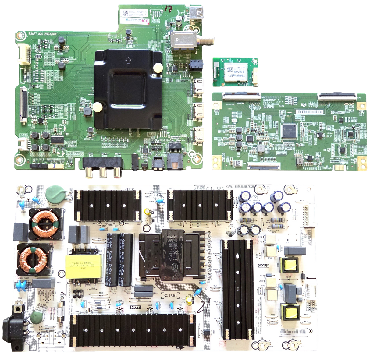65R6E1 Hisense TV Repair Parts Kit, 249123 Main Board, 249895 Power Supply, 47-6021218 T-Con, 1196330 Wifi, 65R6E1 V4, 65R6E1
