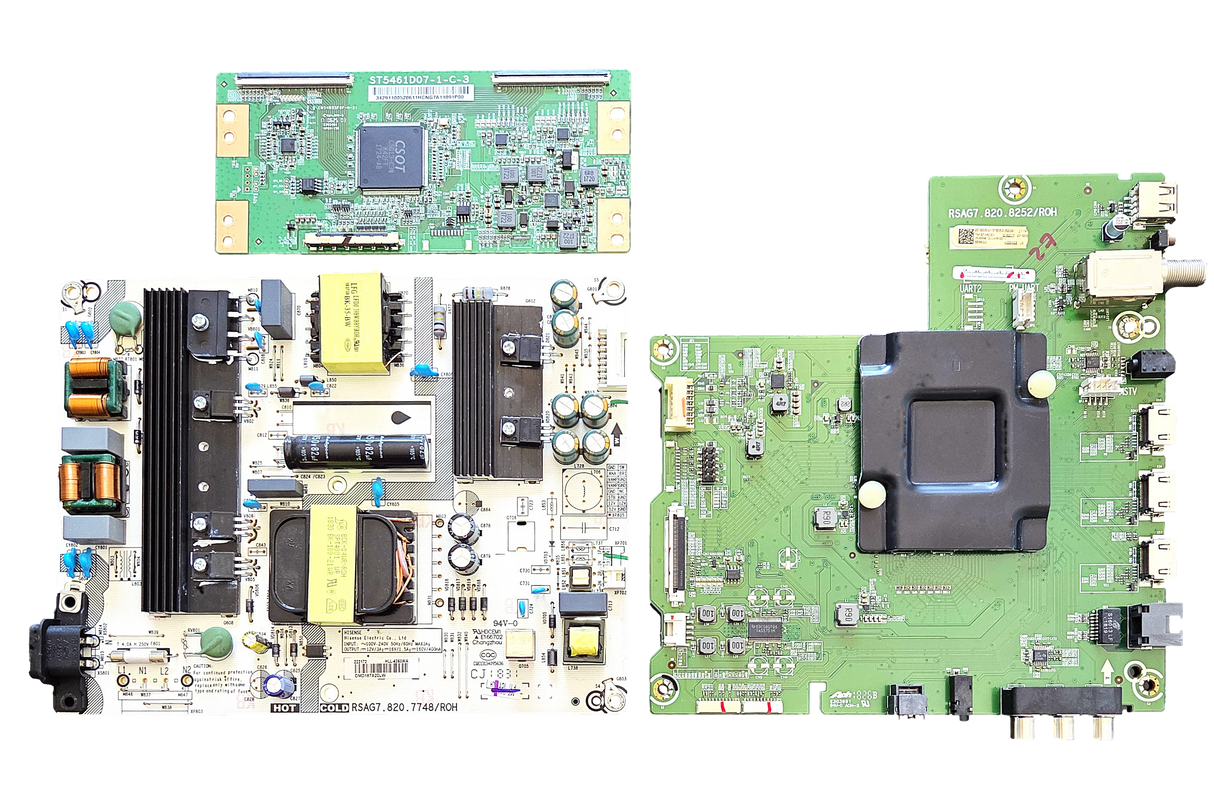 55R7E Hisense TV Repair Parts Kit, 237796 Main Board, 222172 Power Supply, 34.29110.052 T-Con, 55R7E