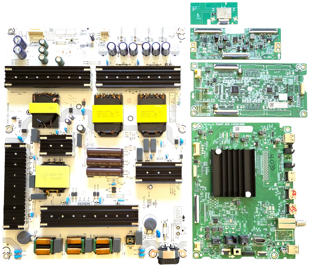 75U6N Hisense TV Repair Parts Kit, 354848 Main Board, 353641 Power Supply, 344996 T-Con, 356006 LED Driver, 1306668 Wifi, 75U6N