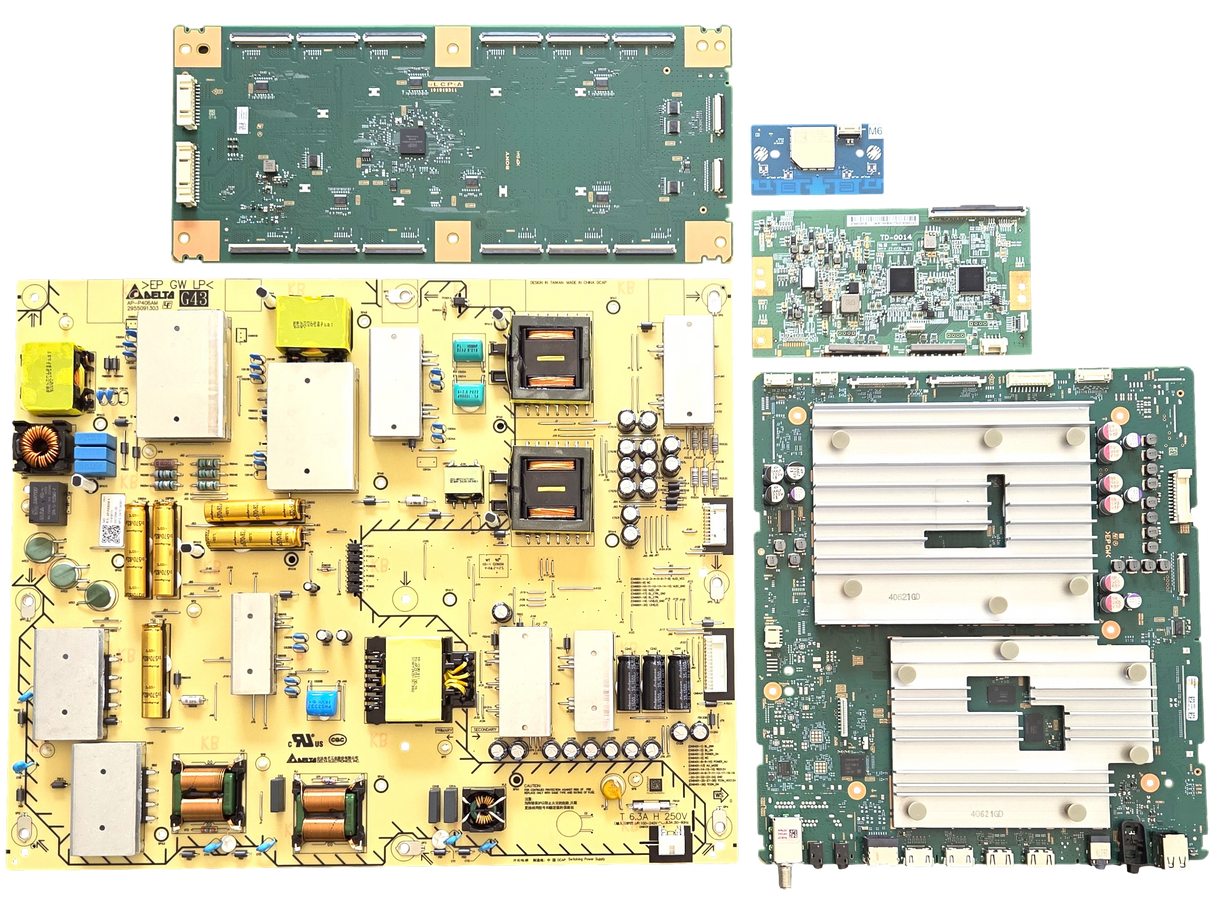 K-65X90R Sony TV Repair Parts Kit, A-5067-970-A Main Board, 1-019-181-11 Power Supply, 1-019-258-11 T-Con, A-5068-021-A LED Driver, 1-013-126-11 Wifi, K-65XR90
