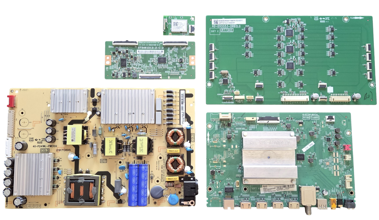55S535 TCL TV Repair Parts Kit, 08-RT73005-MA200AA Main Board, 08-P241W0L-PW200AE Power Supply, ST5461D13-2-C-2 T-Con, 08-D55S530-DR200AA LED, 07-RT8812-MA4G Wifi, 55S535