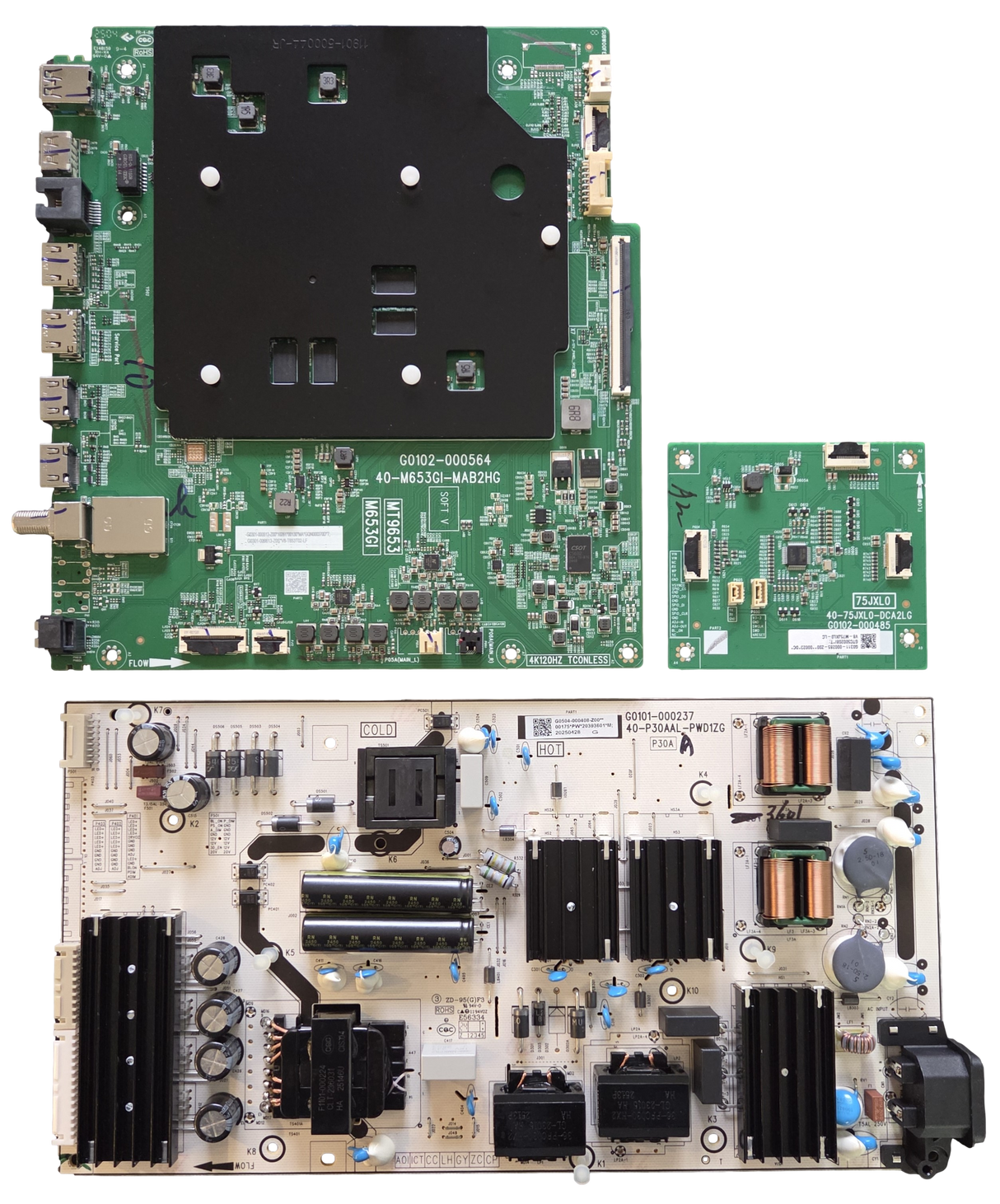 65QM6K TCL TV Repair Parts Kit, G0301-000613-Z00 Main Board, G0504-000408-Z00 Power Supply, G0311-000285-Z00 LED Driver, 65QM6K