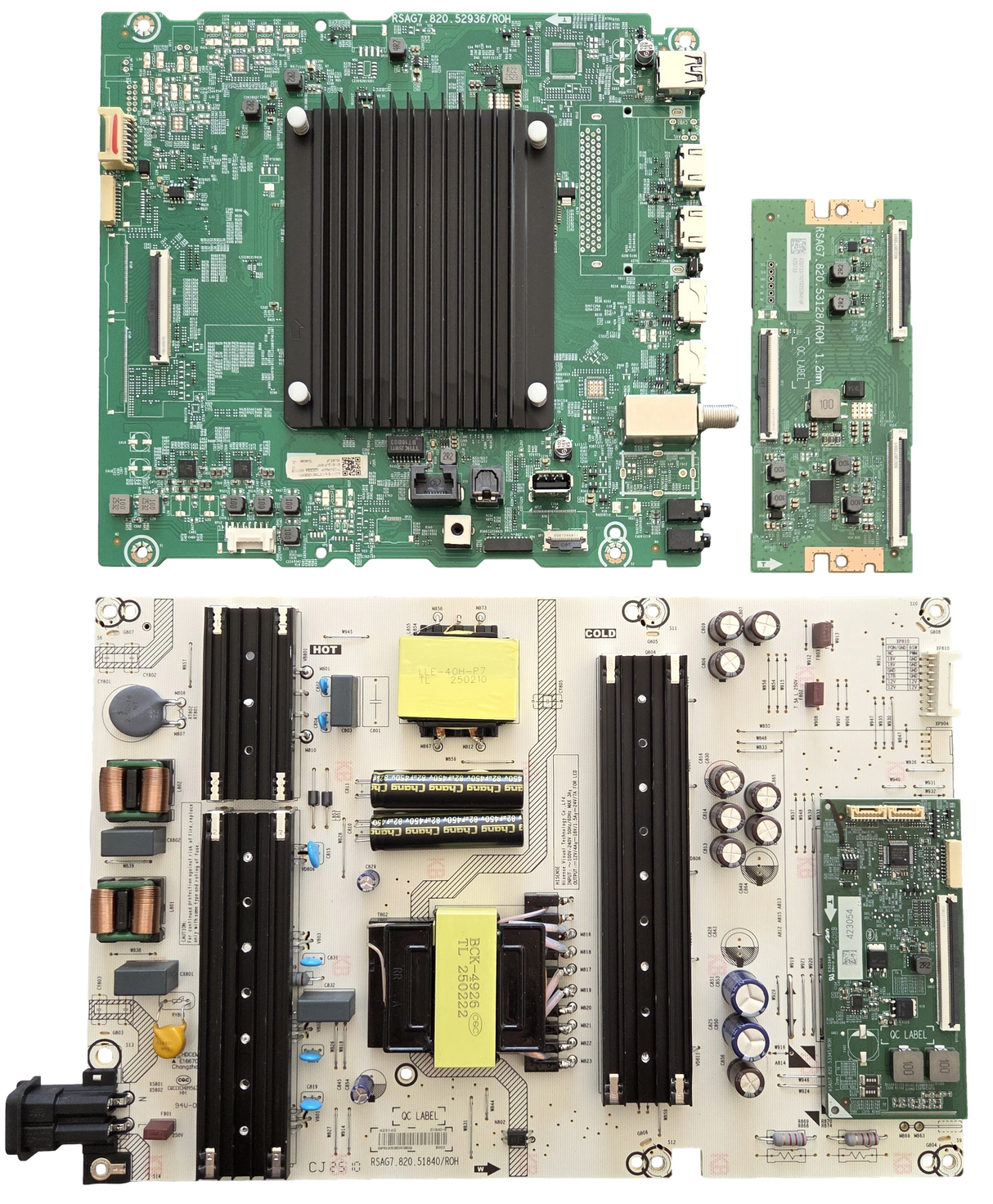 65U65QF Hisense TV Repair Parts Kit, 420111 Main Board, 423162 Power Supply, 420733 T-Con, 65U65QF