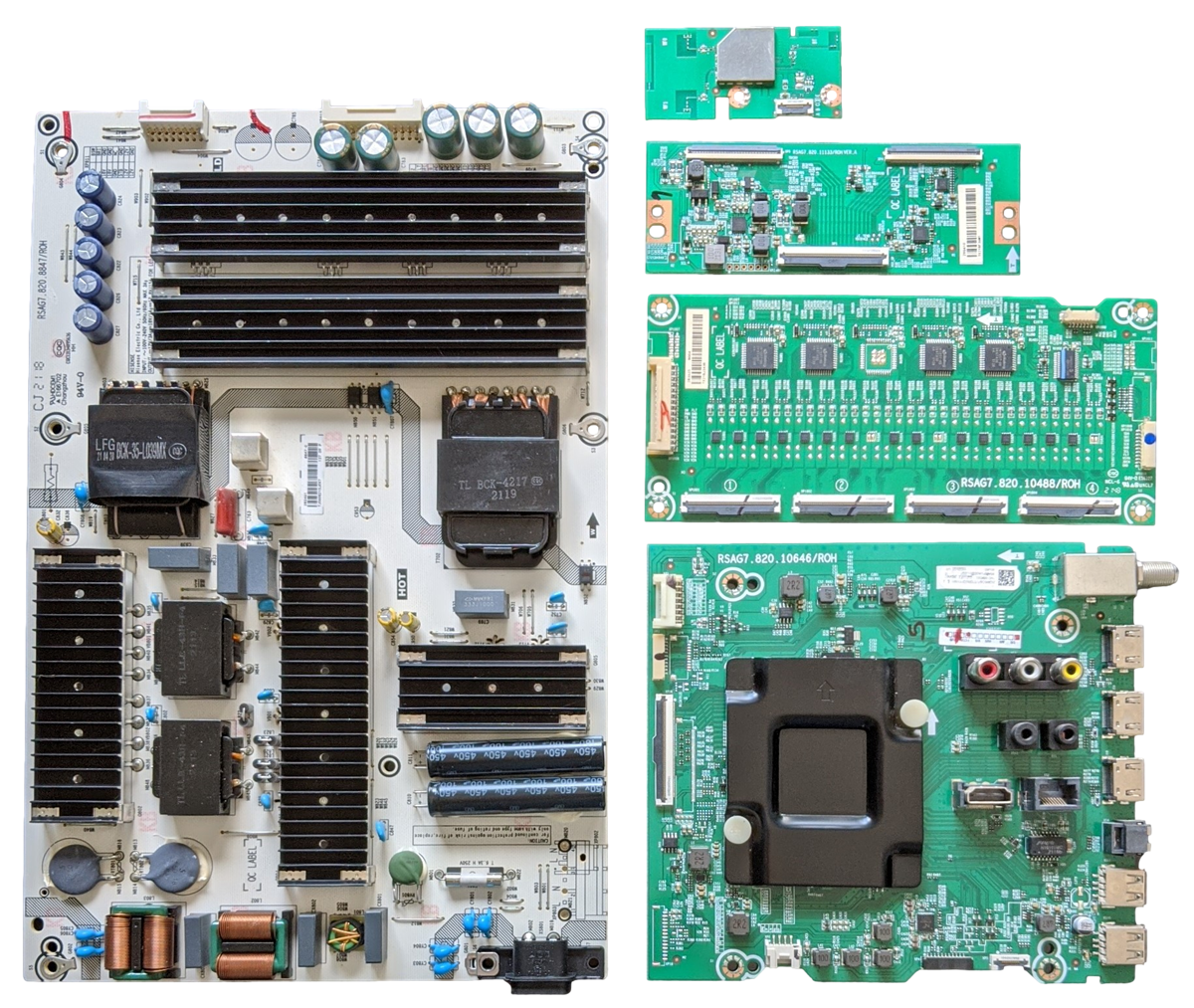 65U6G Hisense TV Repair Parts Kit, 290850 Main Board, 282461 Power Supply, 290410 T-Con, 283625 LED Driver, 1243953 Wifi, 65U6G