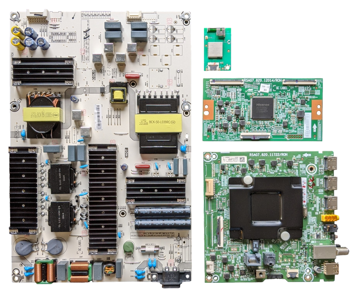 75R6E4 Hisense TV Repair Parts Kit, 311981 Main Board, 318214 Power Supply, 308271 T-Con, 1250667 Wifi, 75R6E4