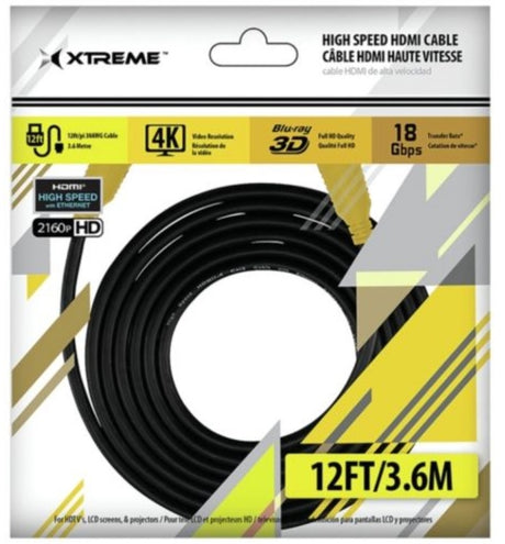 High Speed HDMI Cable, 12ft with Ethernet 1.4V 4K resolution supports up to 1440p (1080p compatible), 24kt. gold HDMI connectors