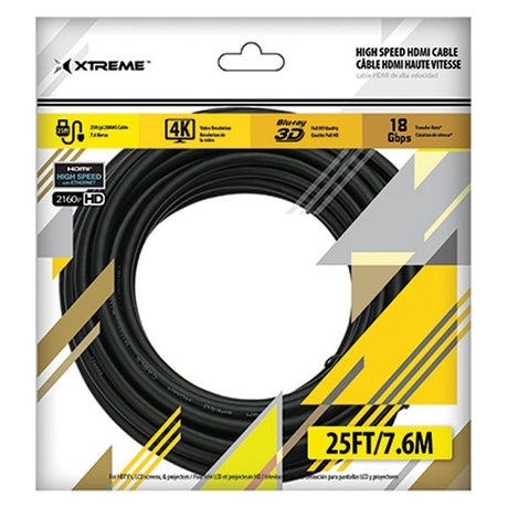 High Speed HDMI Cable, 25ft with Ethernet 1.4V, 4K resolution supports up to 1440p (1080p compatible), 24kt. gold HDMI connectors
