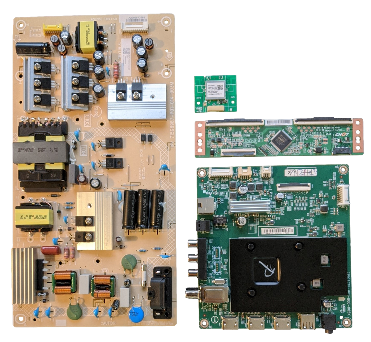 NS-58F301NA22 Insignia TV Repair Parts Kit, 756TXLCB02K0650 Main Board, PLTVJJ321XXGK Power Supply, CV500U1-T01 T-Con, 368GWFBT757GSD Wifi, NS-58F301NA22 Rev D, NS-58F301NA22