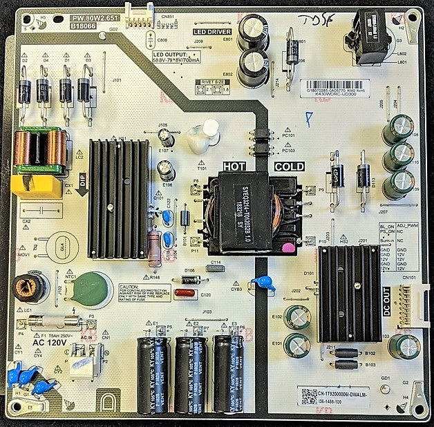 1T92000006I Toshiba Power Supply, PW.80W2.651, B18066, G18070285, K430WDRC-UD300, 43LF421U19