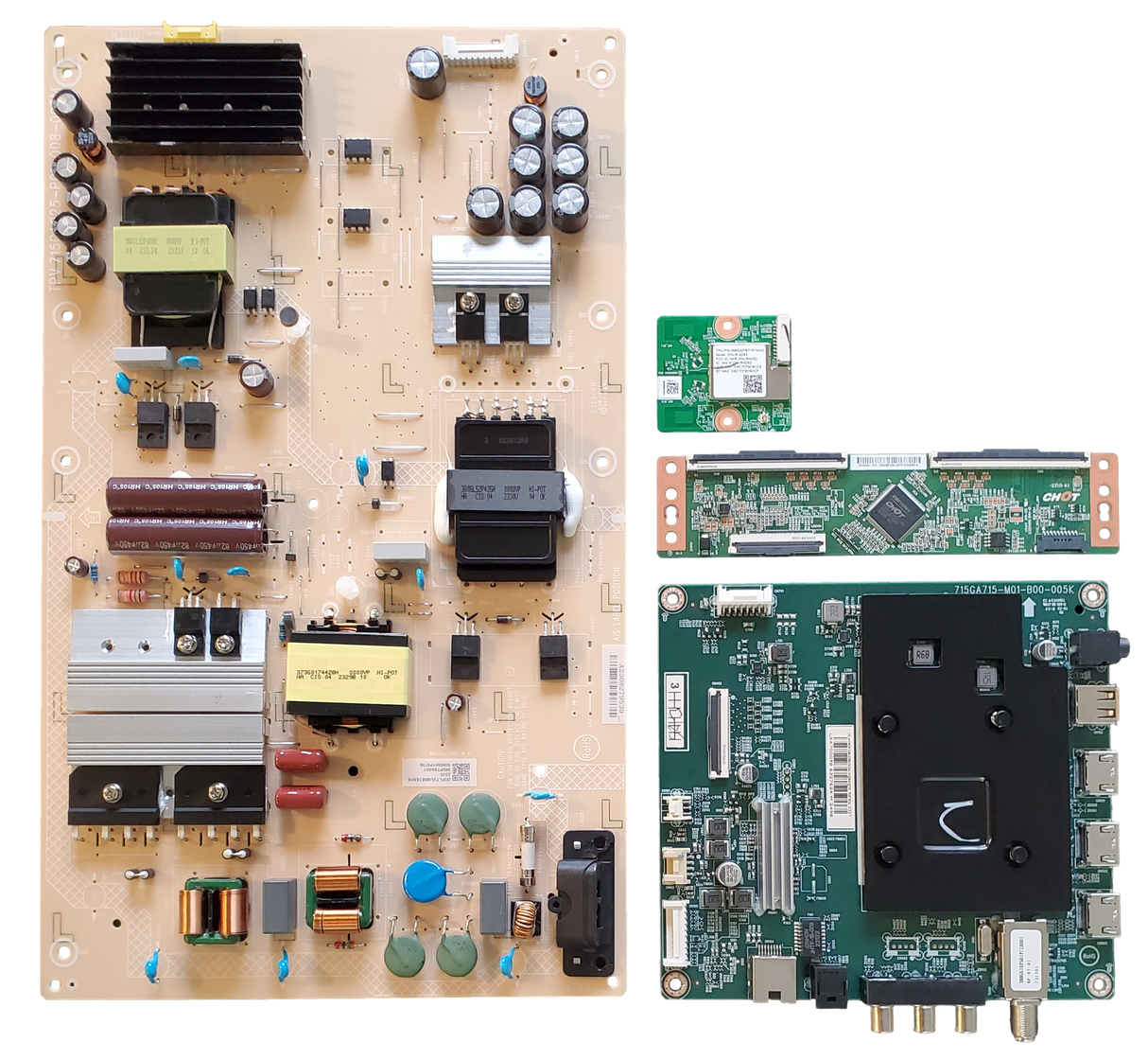 NS-70F301NA23 Insignia TV Repair Parts Kit, 756TXMCB02K036010X Main Board, PLTVLM681XXF6 Power Supply, CV700U2-T01  T-Con, 368GWFBT757WNC Wifi, NS-70F301NA23