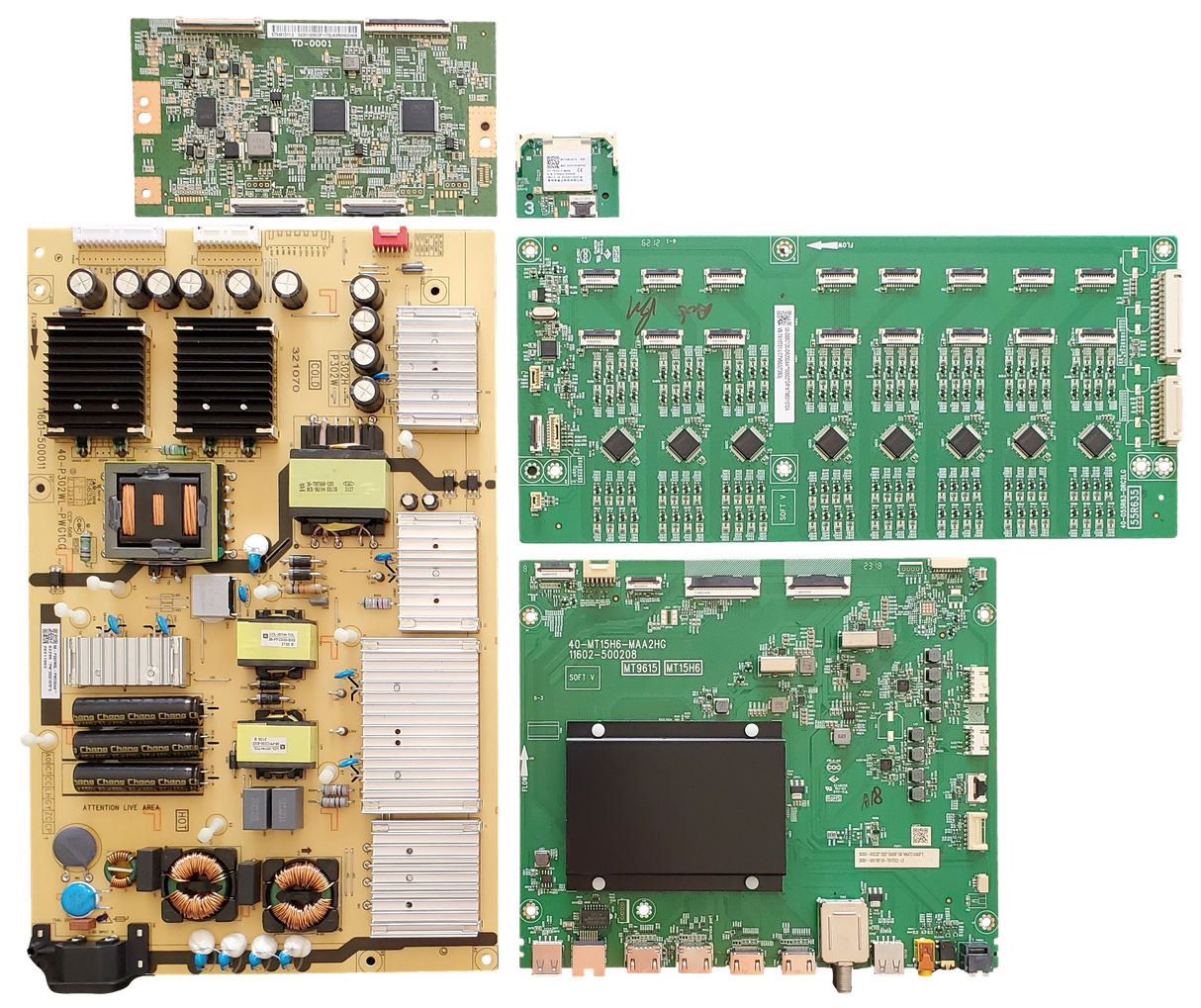 55R646 TCL TV Repair Parts Kit, 30800-000232 Main Board, 08-P302W0L-PW230AA Power Supply, ST5461D11-3 T-Con, 08-D55C120-DR200AA LED Driver, 07-7921L2-MA0G Wifi, 55R646