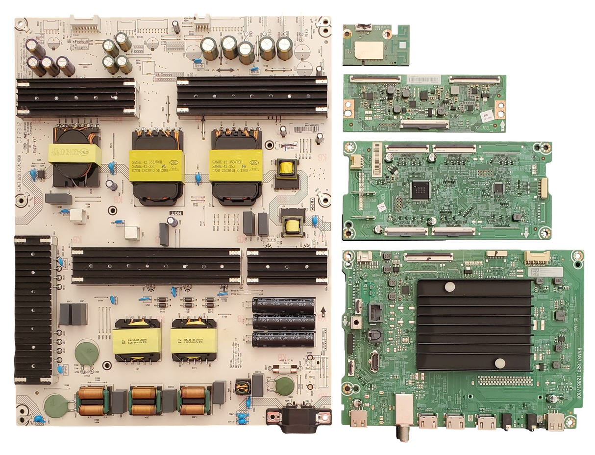 75U6K Hisense TV Repair Kit, 340025 Main Board, 333124 Power Supply, 339848 LED Driver, 333442 T-Con Board, 1265032 Wi-Fi Board, 75U6K