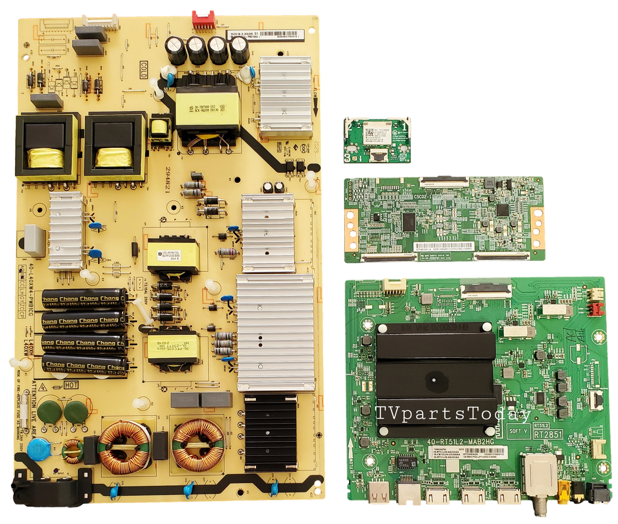 75S434 TCL TV Repair Parts kit, 08-RT51L06-MA200AA Main Board, 08-L40XWA4-PW210AA Power Supply, 4T-TCN750-CS09 T-Con, 07-7668L2-MA0G Wifi, 75S434