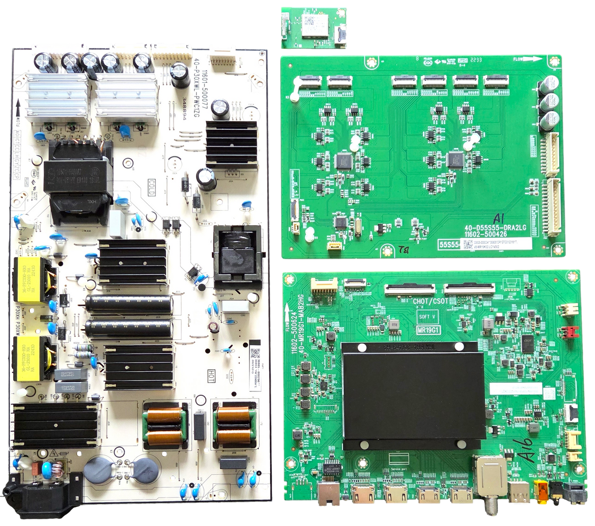 55S555 TCL TV Repair Parts Kit, 30800-000541 Main Board, 30805-000167 / 30805-000296 Power Supply, 30835-000034 LED Driver, 07-8812CU-MA0G Wifi, 55S555