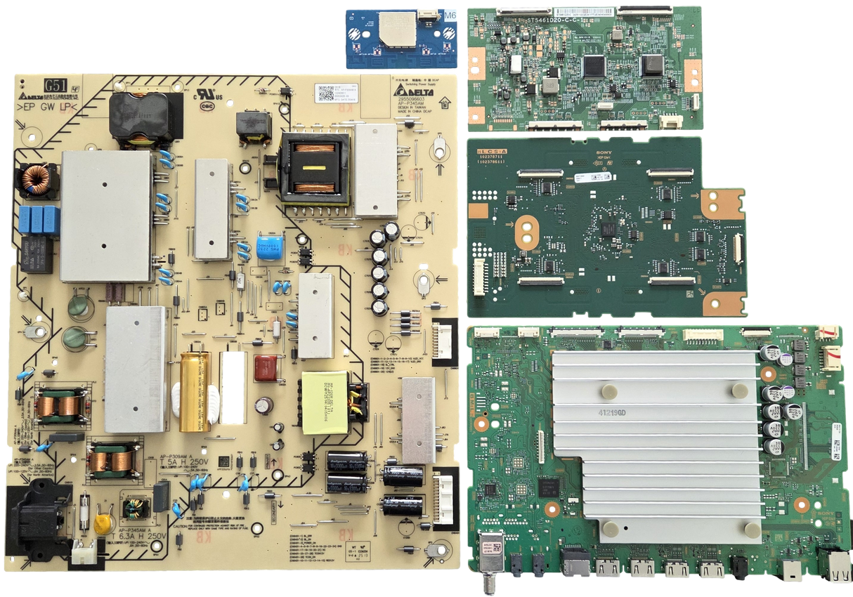 K-55XR50 Sony TV Repair Parts Kit, A-5077-527-A Main Board, 1-024-099-11 Power Supply, 1-023-758-11 T-Con, A-5077-356-A LED, 1-013-126-11 Wifi, K-55XR50