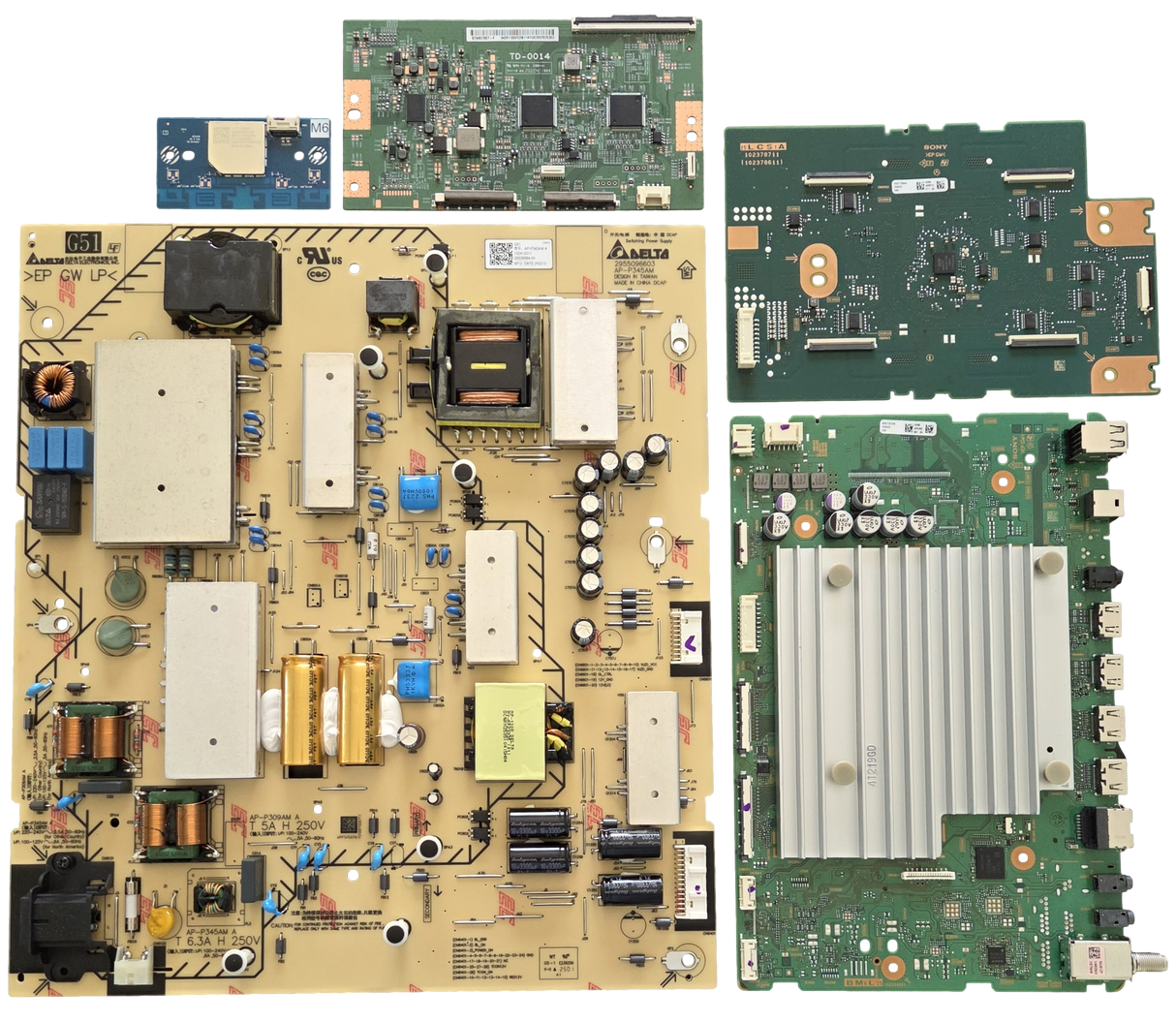 K-65XR50 Sony TV Repair Parts Kit, A-5077-527-A Main Board, 1-024-100-11 Power Supply, 1-019-217-11 T-Con, A-5077-356-A LED Driver, 1-013-126-11 Wifi, K-65XR50