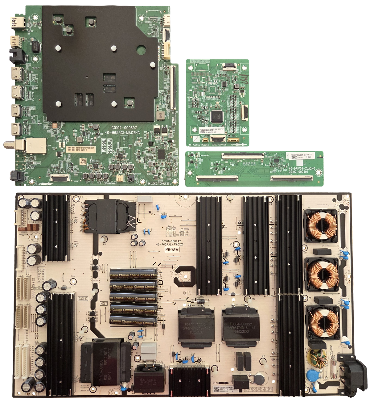 98QM7K TCL TV Repair Parts Kit, G0301-000584-Z00 Main Board, G0504-000436-Z00 Power Supply, G0304-000278 T-Con, G0311-000307-Z00 LED Driver, 98QM7K