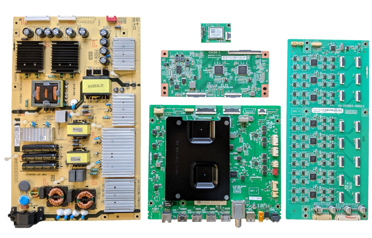 55R635 TCL TV Repair Parts Kit, 08-RT73007-MA200AA Main Board, 08-P302W0L-PW230AA Power Supply, ST5461D10-5 T-Con, 08-D55R630-DR200AA LED Driver, 07-RT8812-MA4G Wifi, 55R635