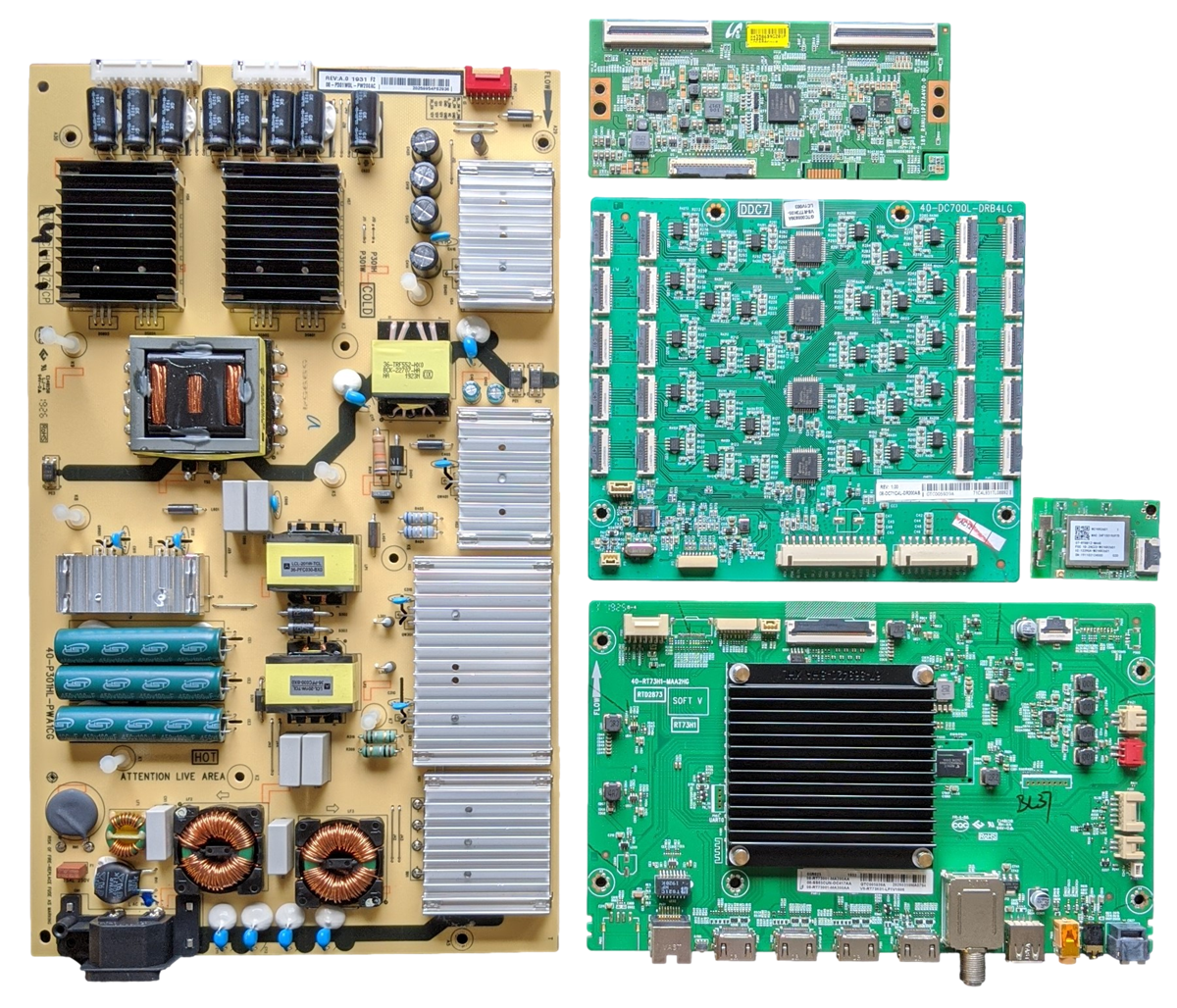 65R625 TCL TV Repair Parts kit, 08-SS65CUN-OC417AA Main Board, 08-P301W0L-PW200AC Power Supply, LJ94-43586B T-Con, 08-DC71C4L-DR200AB Led Driver, 07-RT8812-MA4G Wifi, 65R625