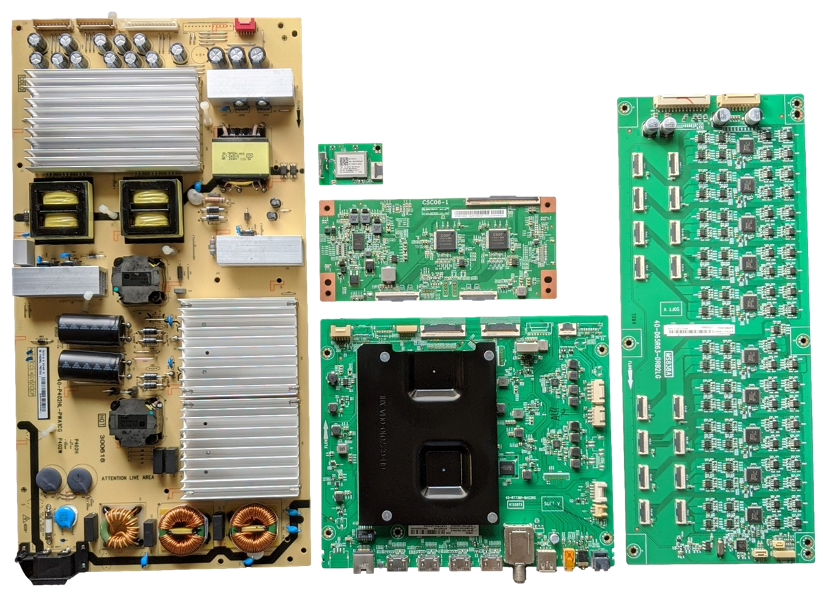 65R635 TCL TV Repair Parts Kit, 08-RT73007-MA200AA Main Board, 08-P402W04-PW210AA Power Supply, ST4561D03-3 T-Con, 08-D65R630-DR200AA LED Driver, 07-RT8812-MA4G Wifi, 65R635