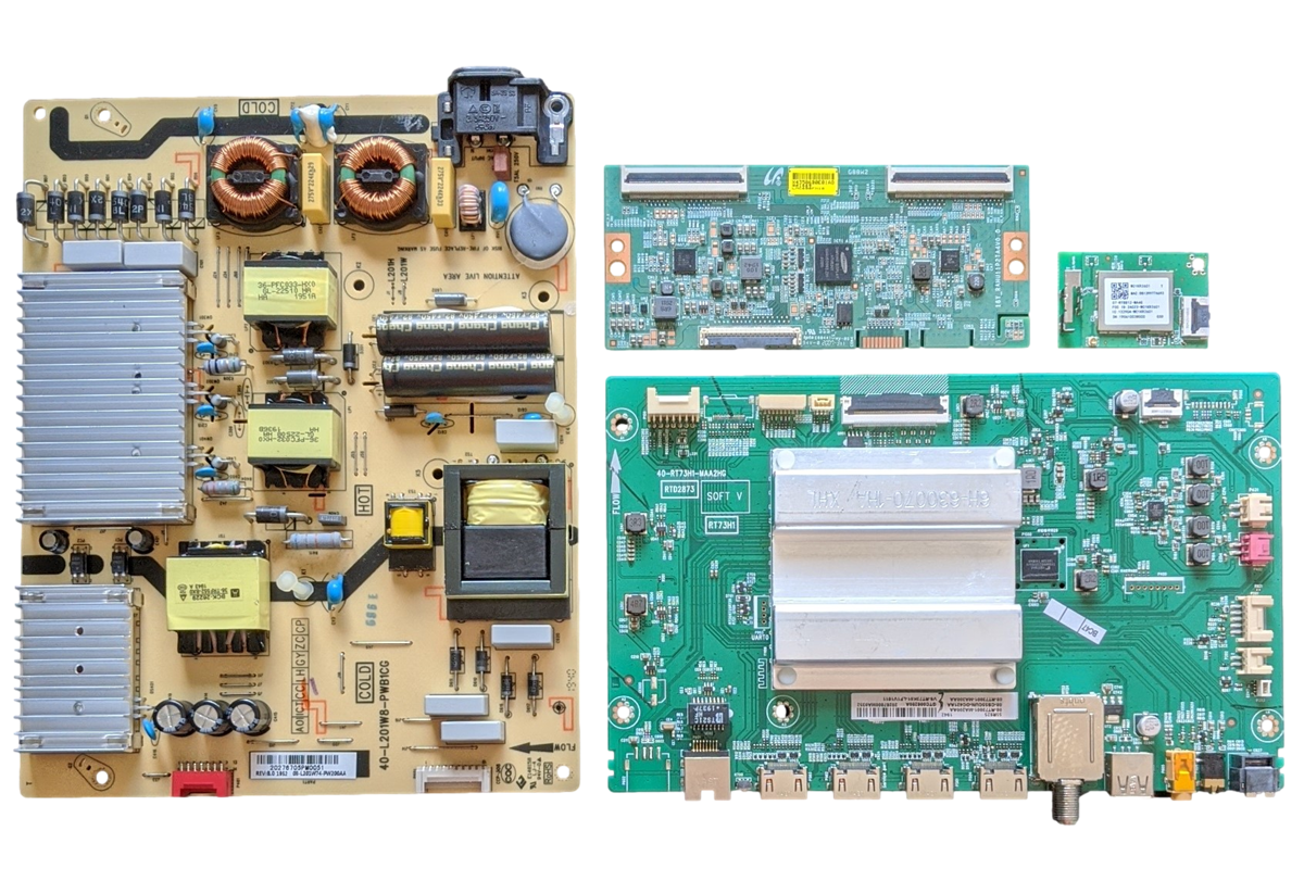 65S525 TCL TV Repair Parts Kit, 08-RT73001-MA200AA Main Board, 08-L201W74-PW200AA Power Supply, LJ94-43586B T-Con, 07-RT8812-MA4G Wifi, 65S525