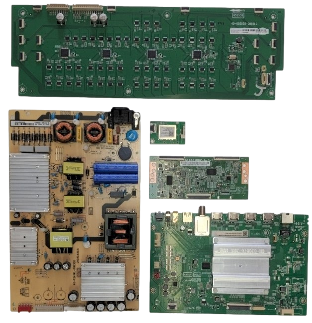 65S535 TCL TV Repair Parts Kit, 08-RT73013-MA200AA Main Board, 08-P241W0L-PW200AE Power Supply, ST5461D13-2-C-2 T-Con, 08-D55S530-DR200AA LED Driver, 07-RT8812-MA4G Wifi, 65S535