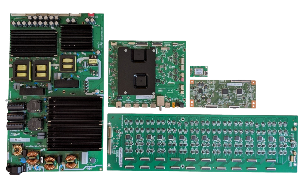 75R635 TCL TV Repair Parts Kit, 08-RT73007-MA200AA Main Board, 08-P602W0L-PW250AB Power Supply, ST7461D02-7 T-Con, 08-D75R630-DR200AA LED Driver, 07-RT8812-MA4G Wifi, 75R635