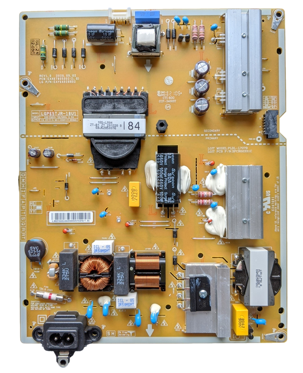 EAY64928802 LG Power Supply Board, LG65TJR-18U1, PLDL-L707B, 3PCR02331C, 65UN950ZUA.BUSFLKR, 65UN6950ZUA