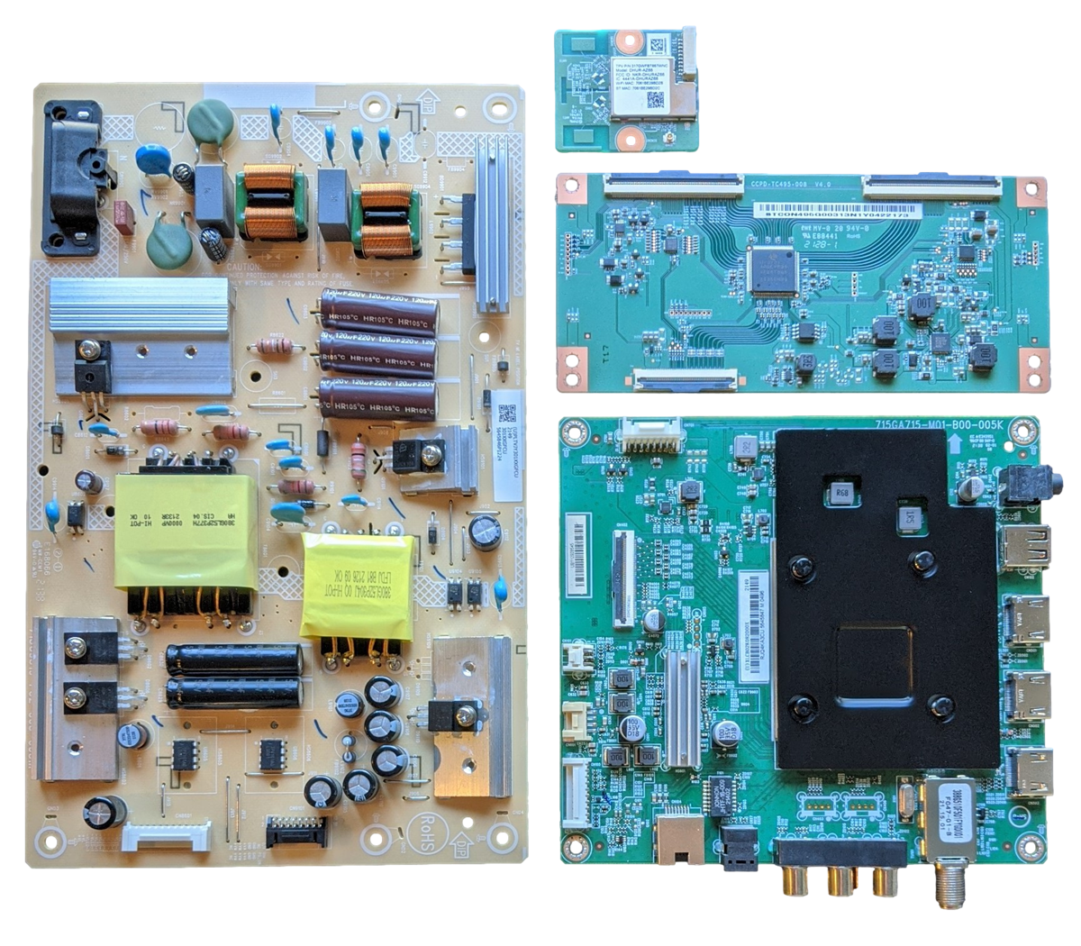 NS-50F301NA22 Insignia TV Repair Parts Kit, 756TXLCB02K082000X Main Board, PLTVJY301XXGFCU Power Supply, STCON495G T-Con, 317GWFBT667WNC Wifi, NS-50F301NA22