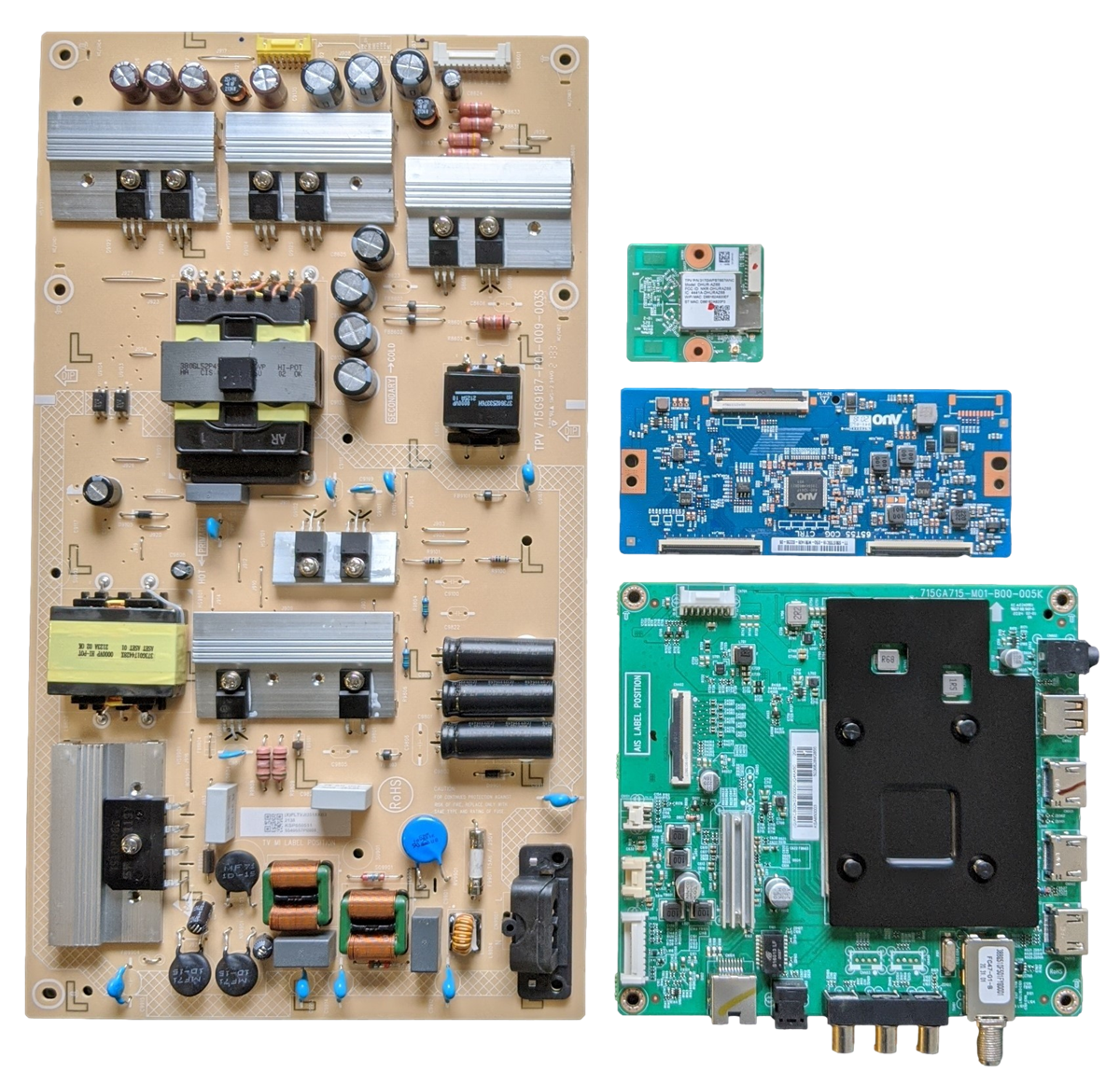 NS-65DF710NA21 Insignia TV Repair Parts Kit, 756TXKCB02K035 Main Board, PLTVJI251XXB3 Power Supply, 55.65T55.C19 T-Con, 317GWFBT667WNC Wifi, Rev A, NS-65DF710NA21