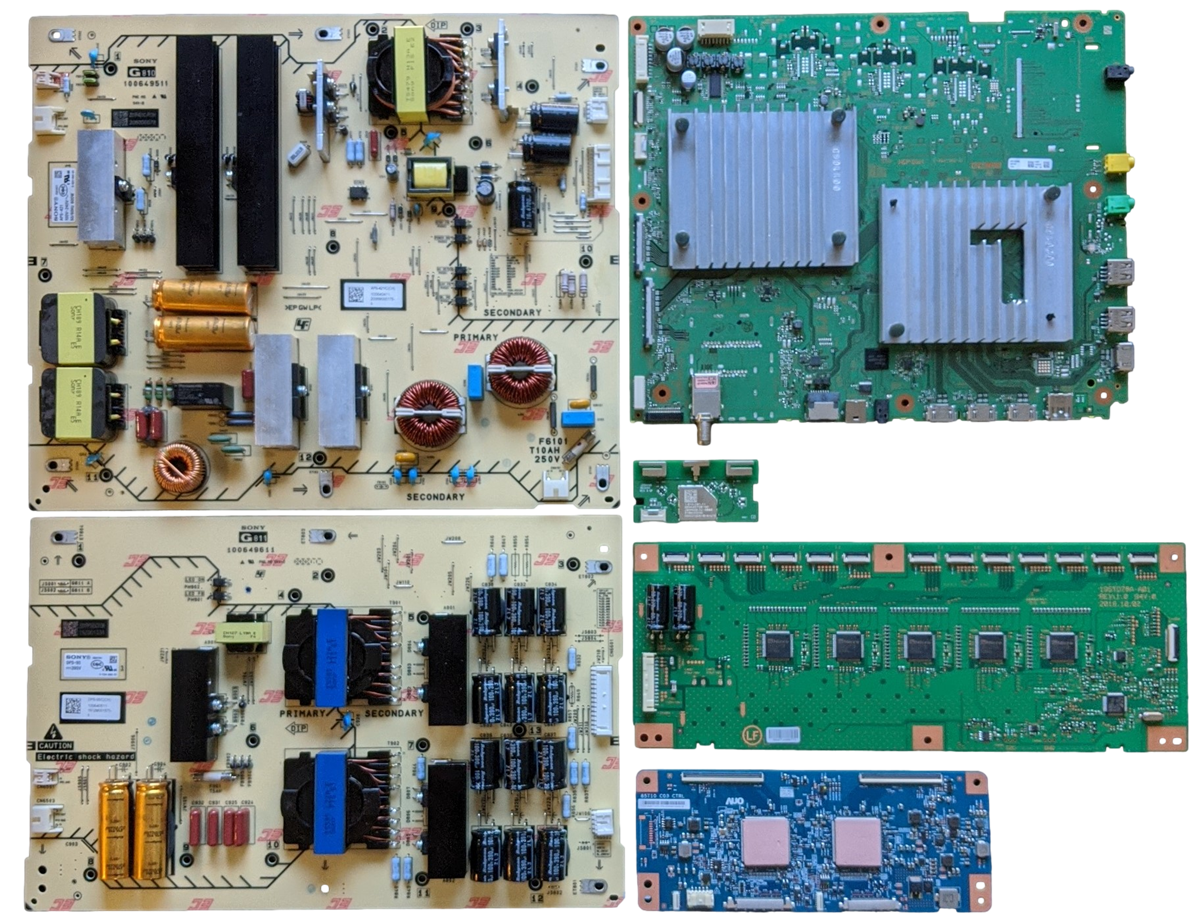 XBR-85X950H Sony TV Repair Parts Kit, A-5012-847-A Main Board, 1-006-404-11 Power Supply, 1-006-405-11 Power Supply, 1-001-193-11 T-Con, 19STO78A-A01 LED Driver, 1-510-061-11 Wifi, XBR-85X950H